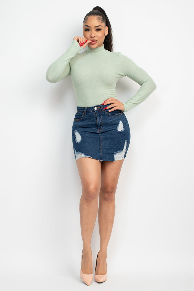 Women's Mock Neck Rayon Soft T-Shirt Long Sleeve Top Fitted Tee - Mint Green