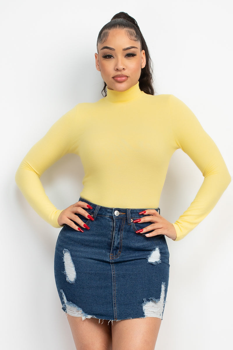 Women's Mock Neck Rayon Soft T-Shirt Long Sleeve Top Fitted Tee - Yellow