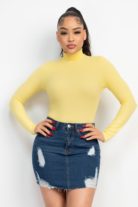 Women's Mock Neck Rayon Soft T-Shirt Long Sleeve Top Fitted Tee - Yellow
