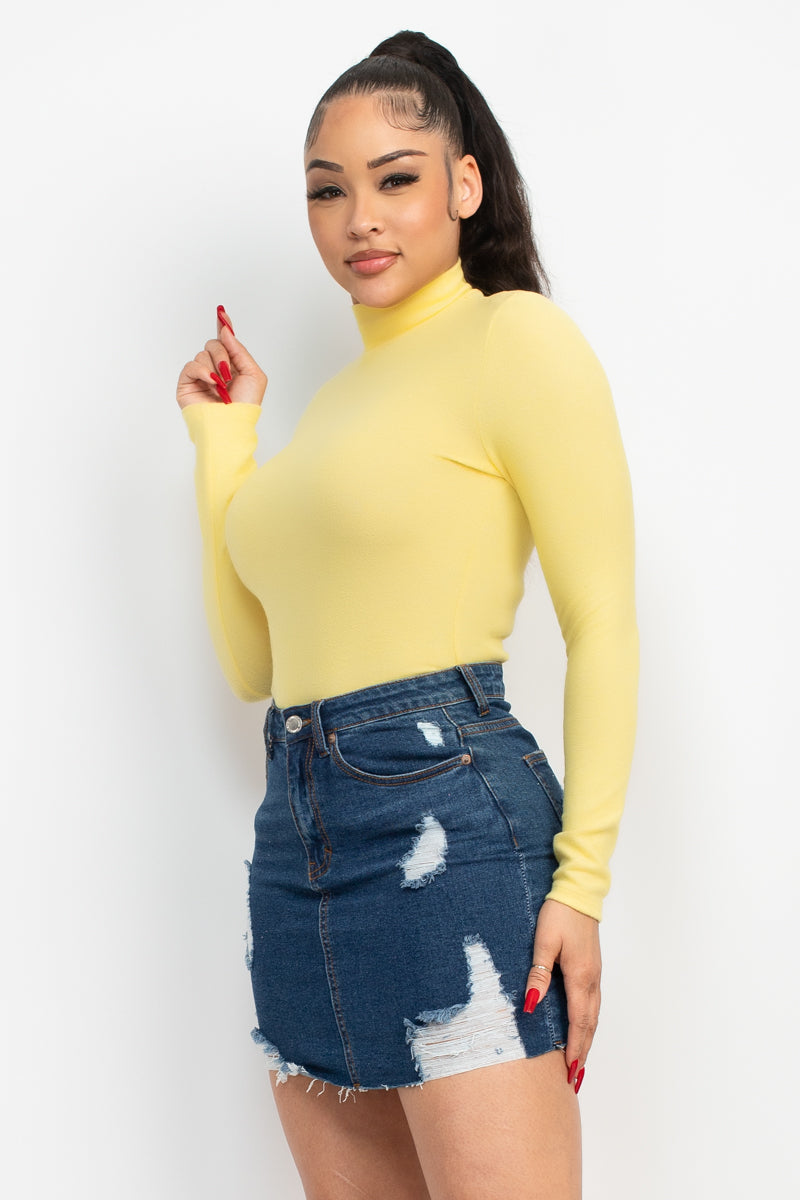 Women's Mock Neck Rayon Soft T-Shirt Long Sleeve Top Fitted Tee - Yellow