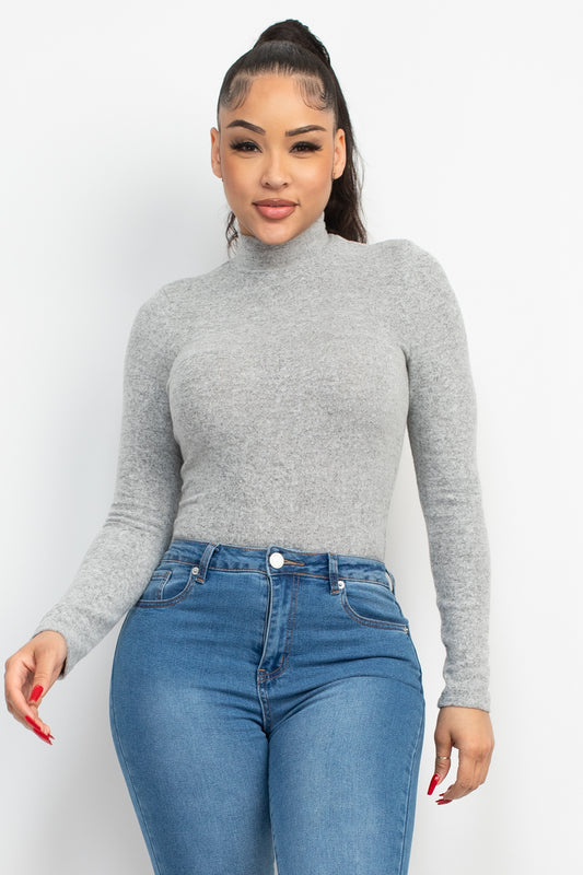 Women's Mock Neck Rayon Soft T-Shirt Long Sleeve Top Fitted Tee - Grey