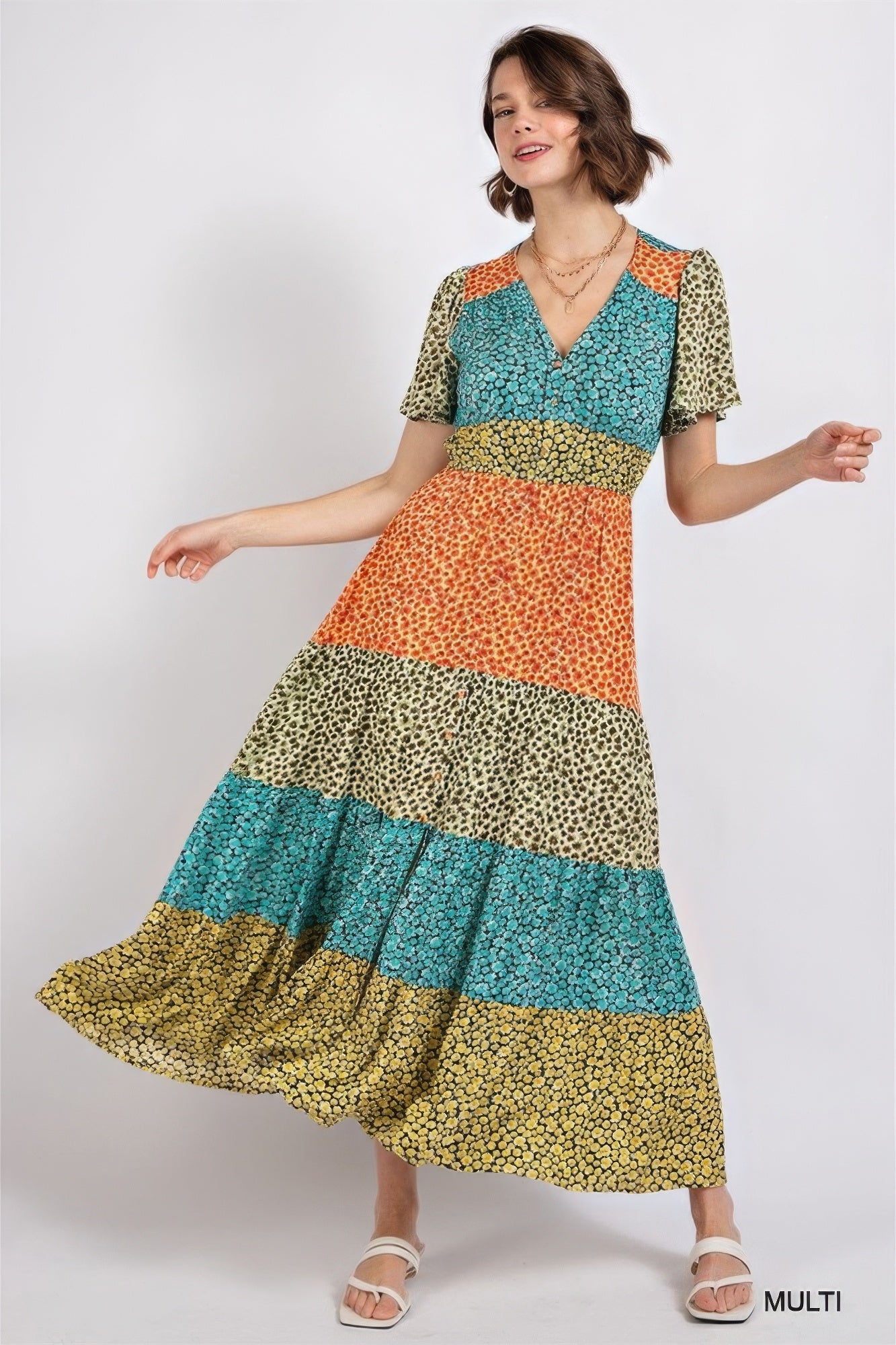 Women's Ditsy Floral Block V-Neck Maxi Tiered Dress Split Button Stretch Cotton