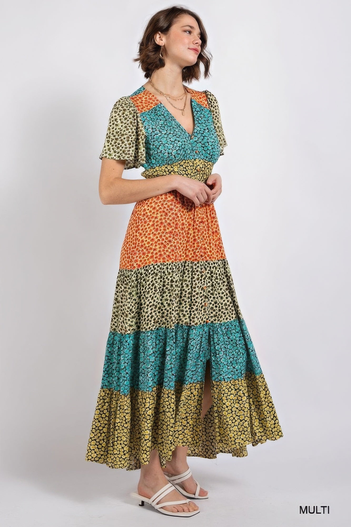 Women's Ditsy Floral Block V-Neck Maxi Tiered Dress Split Button Stretch Cotton