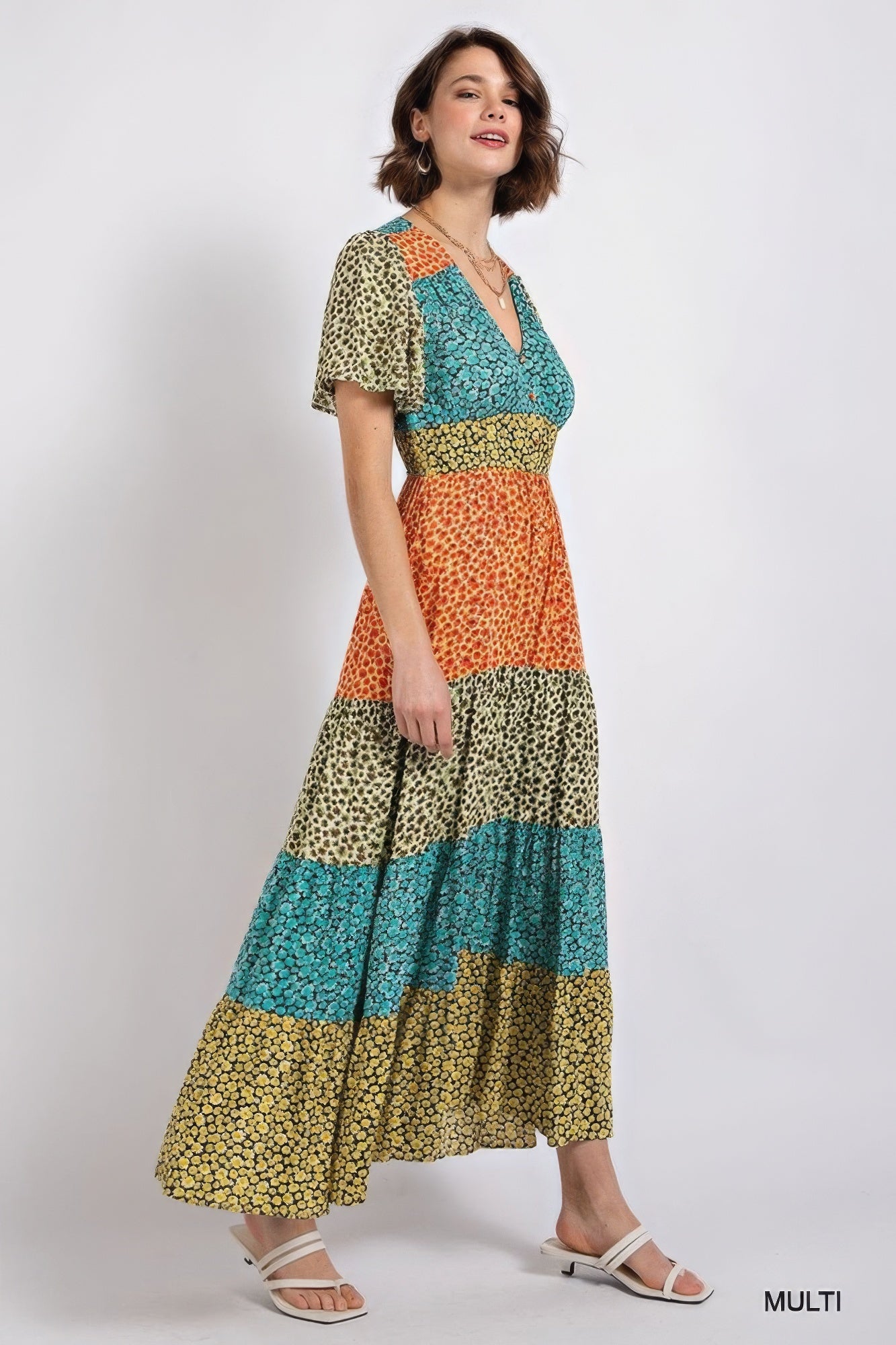 Women's Ditsy Floral Block V-Neck Maxi Tiered Dress Split Button Stretch Cotton