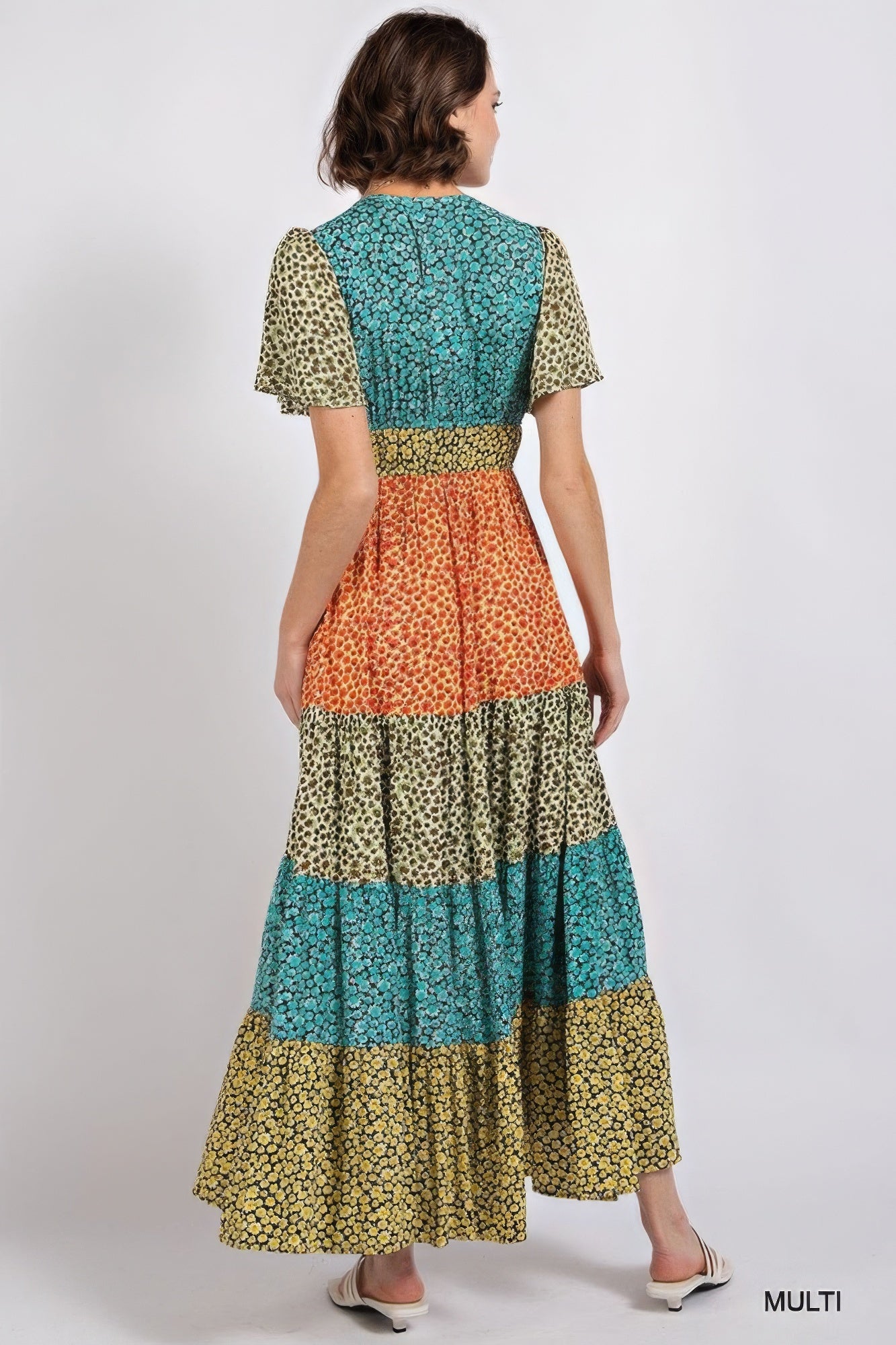 Women's Ditsy Floral Block V-Neck Maxi Tiered Dress Split Button Stretch Cotton