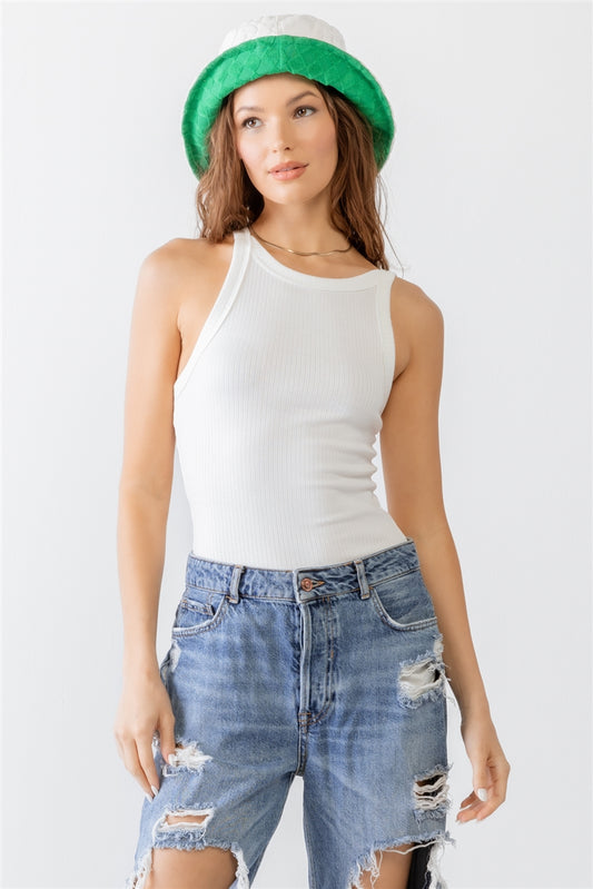 Women's Crew Neck Ribbed V Strap Open Back Sleeveless Bodysuit Top - Off White
