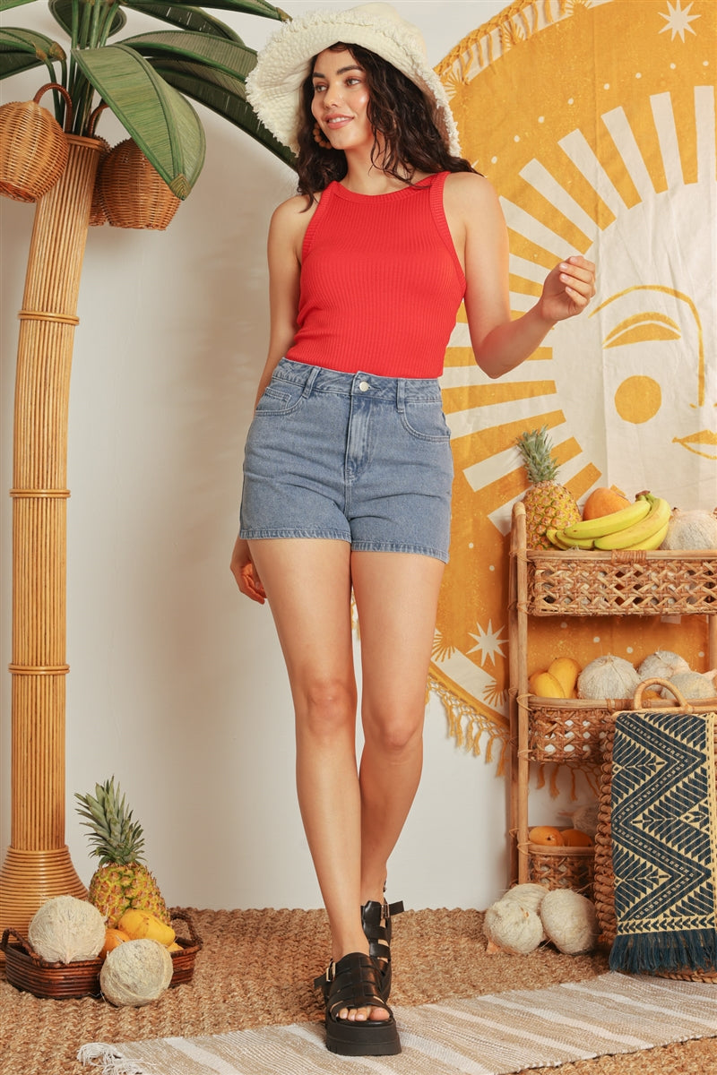 Women's Crew Neck Ribbed V Strap Open Back Sleeveless Bodysuit Top - Red