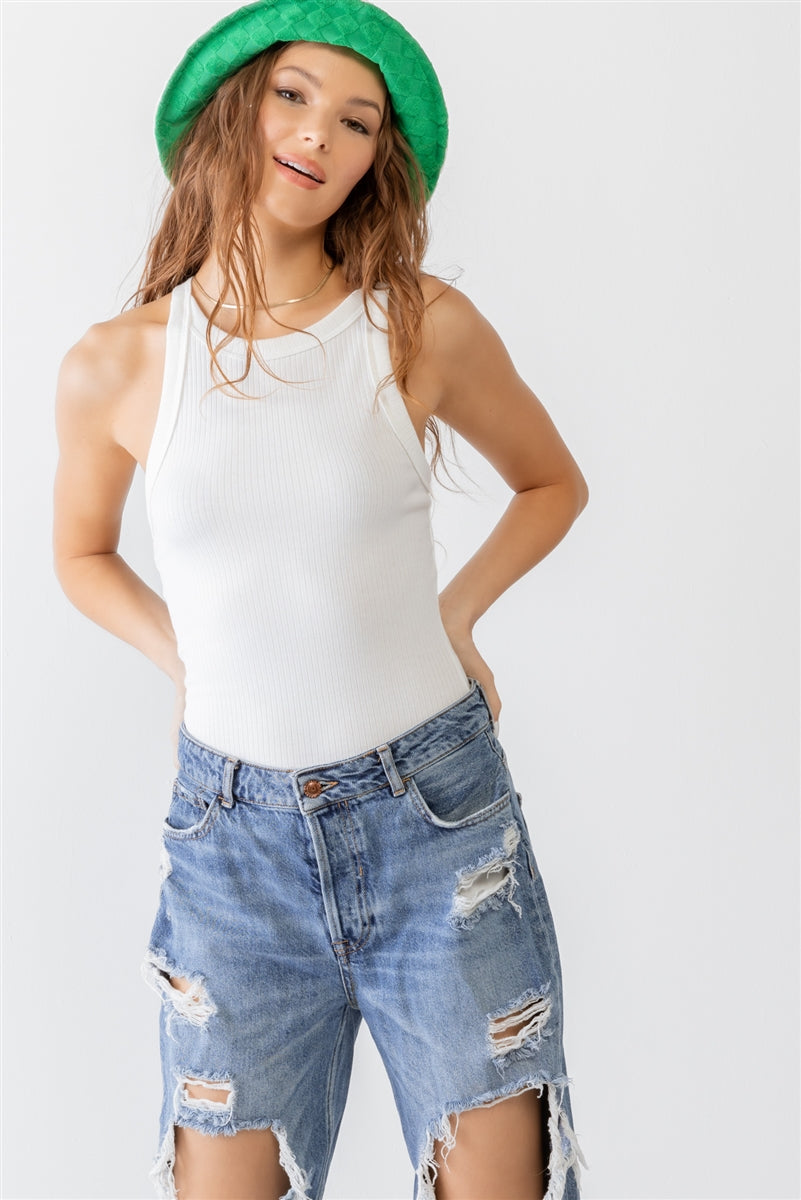 Women's Crew Neck Ribbed V Strap Open Back Sleeveless Bodysuit Top - Off White