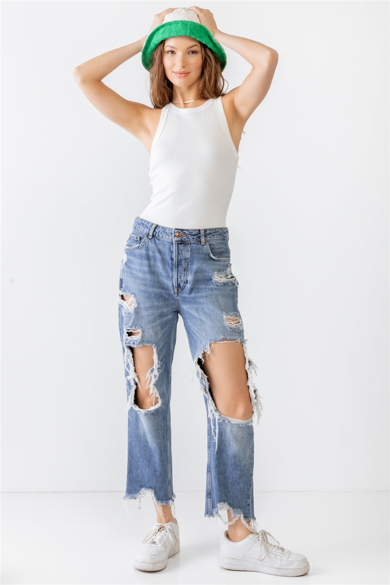 Women's Crew Neck Ribbed V Strap Open Back Sleeveless Bodysuit Top - Off White