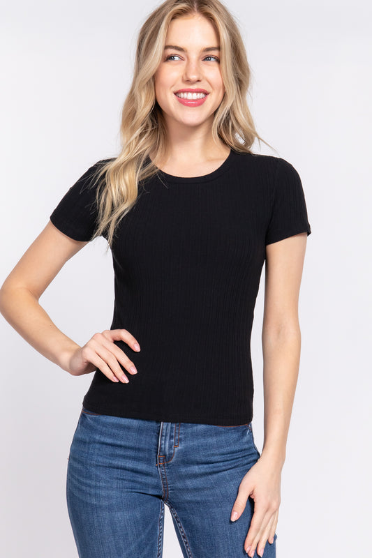 Women's Short Sleeve Crew Neck T-shirt Variegated Rib Knit Top Tee - Black