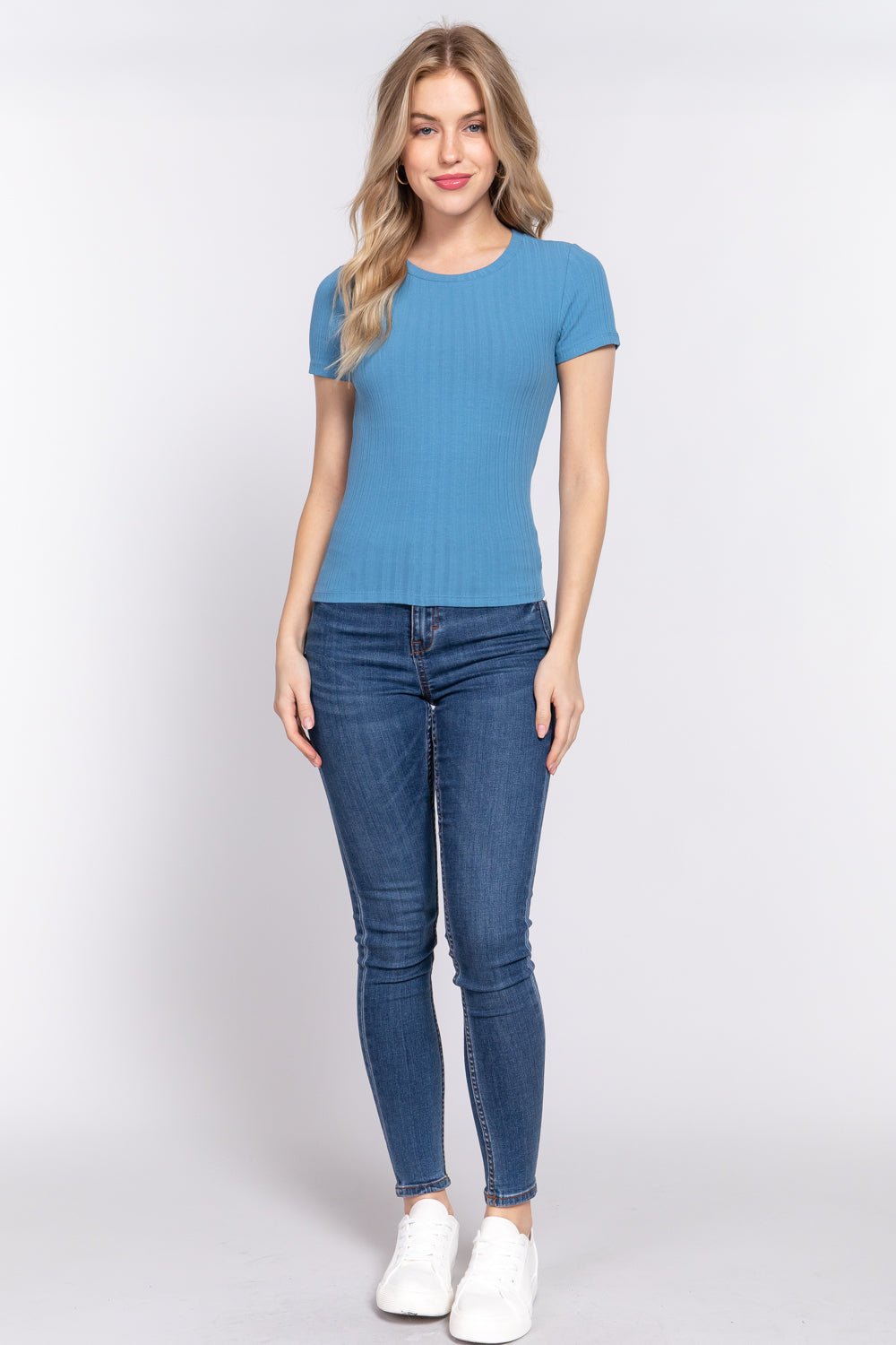Women's Short Sleeve Crew Neck T-shirt Variegated Rib Knit Top Tee - Blue