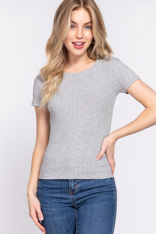 Women Short Sleeve Crew Neck T-shirt Variegated Rib Knit Top Tee - Heather Grey