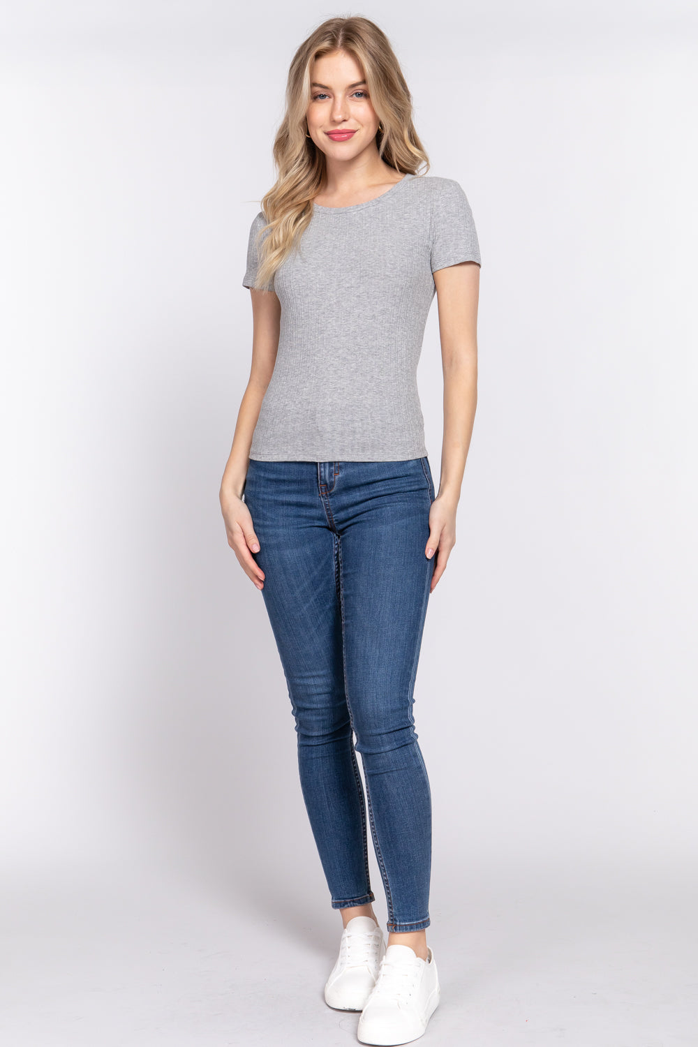 Women Short Sleeve Crew Neck T-shirt Variegated Rib Knit Top Tee - Heather Grey