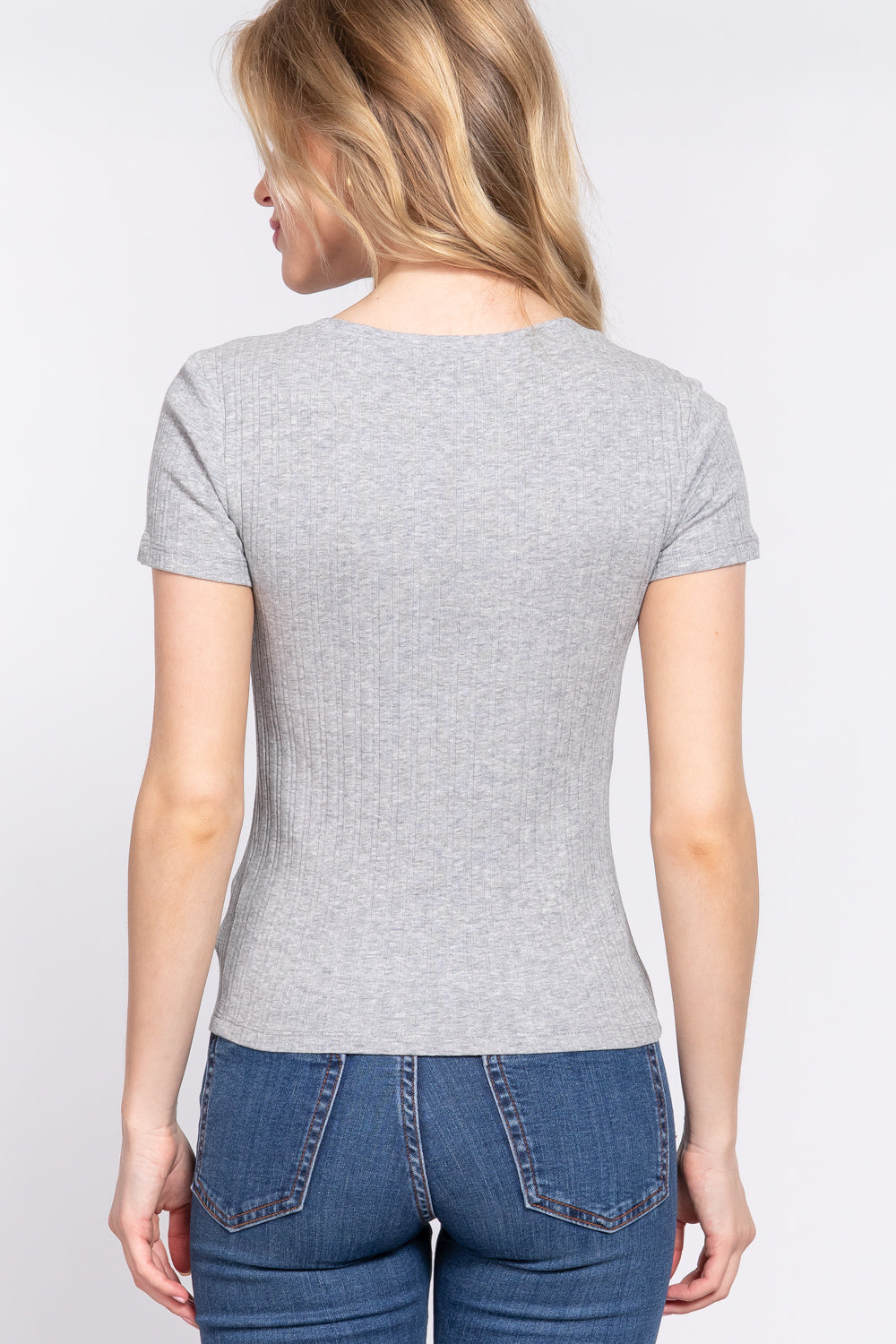 Women Short Sleeve Crew Neck T-shirt Variegated Rib Knit Top Tee - Heather Grey