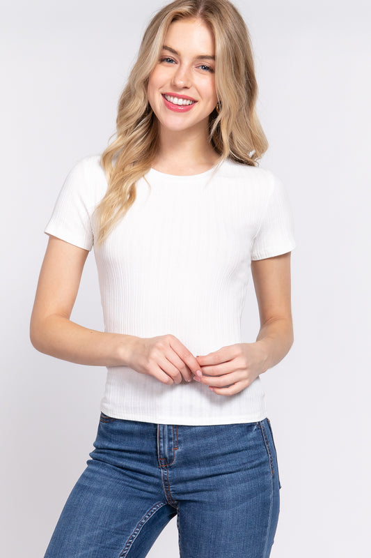 Women's Short Sleeve Crew Neck T-shirt Variegated Rib Knit Top Tee - Off White