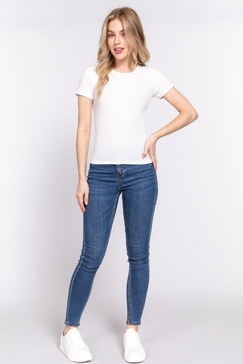 Women's Short Sleeve Crew Neck T-shirt Variegated Rib Knit Top Tee - Off White