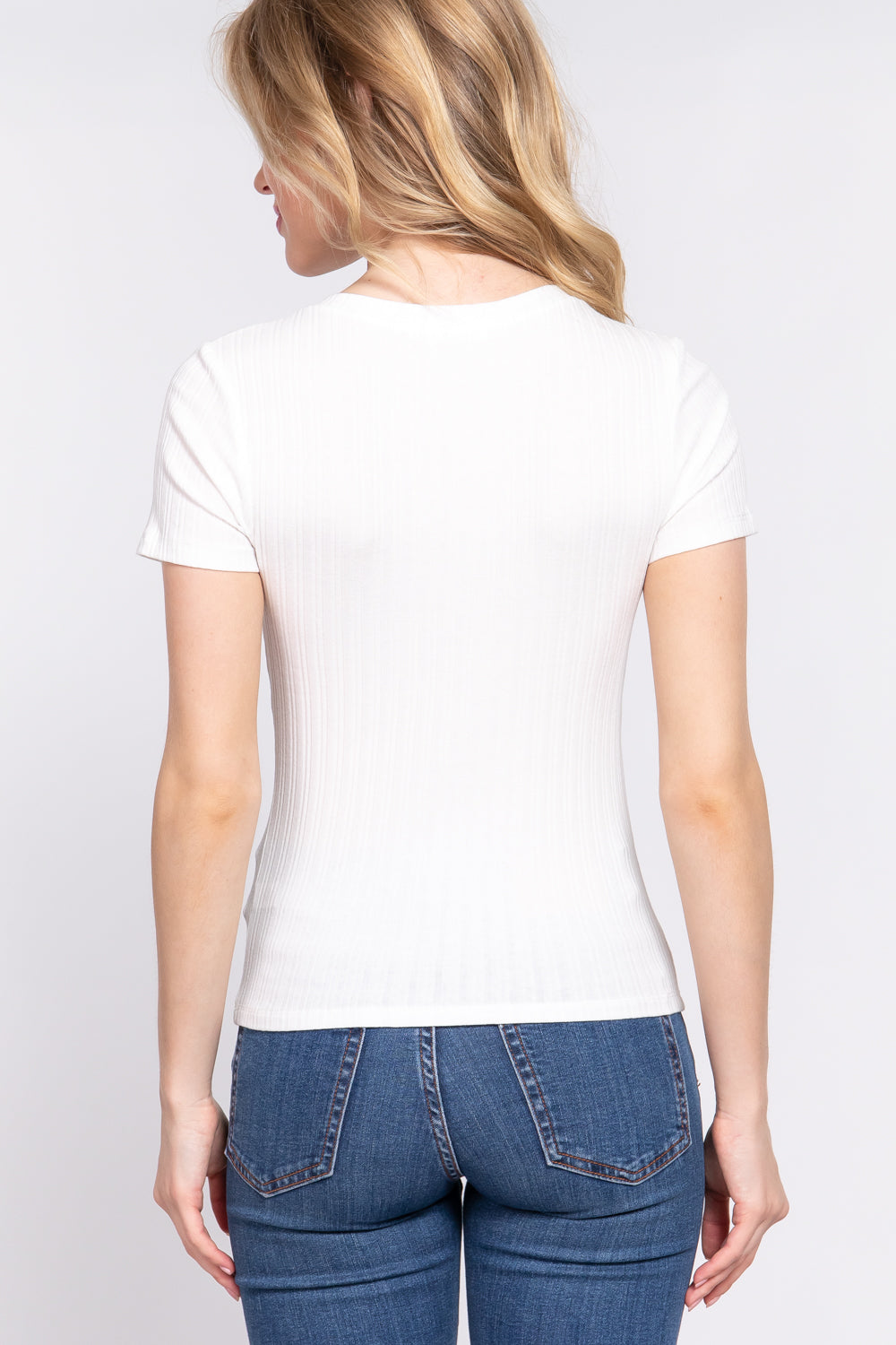 Women's Short Sleeve Crew Neck T-shirt Variegated Rib Knit Top Tee - Off White