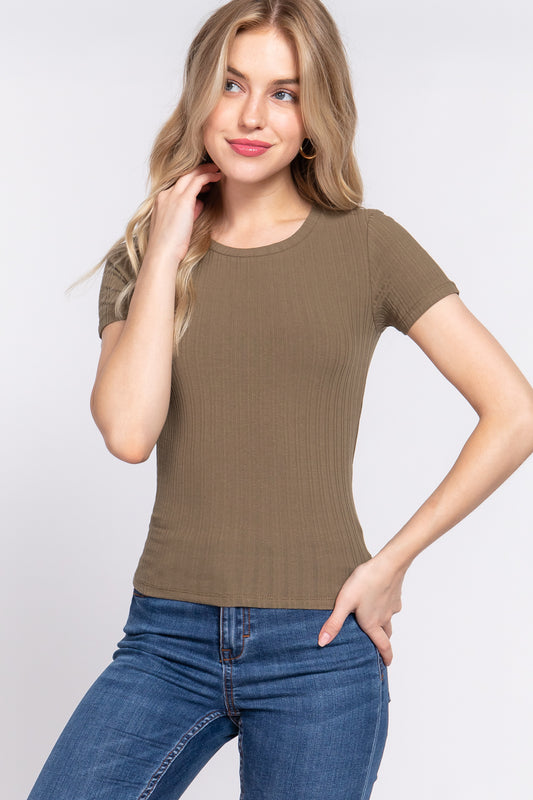 Women's Short Sleeve Crew Neck T-shirt Variegated Rib Knit Top Tee - Olive Green