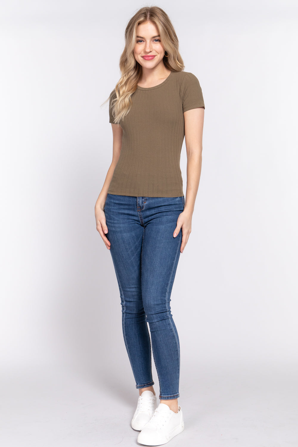 Women's Short Sleeve Crew Neck T-shirt Variegated Rib Knit Top Tee - Olive Green