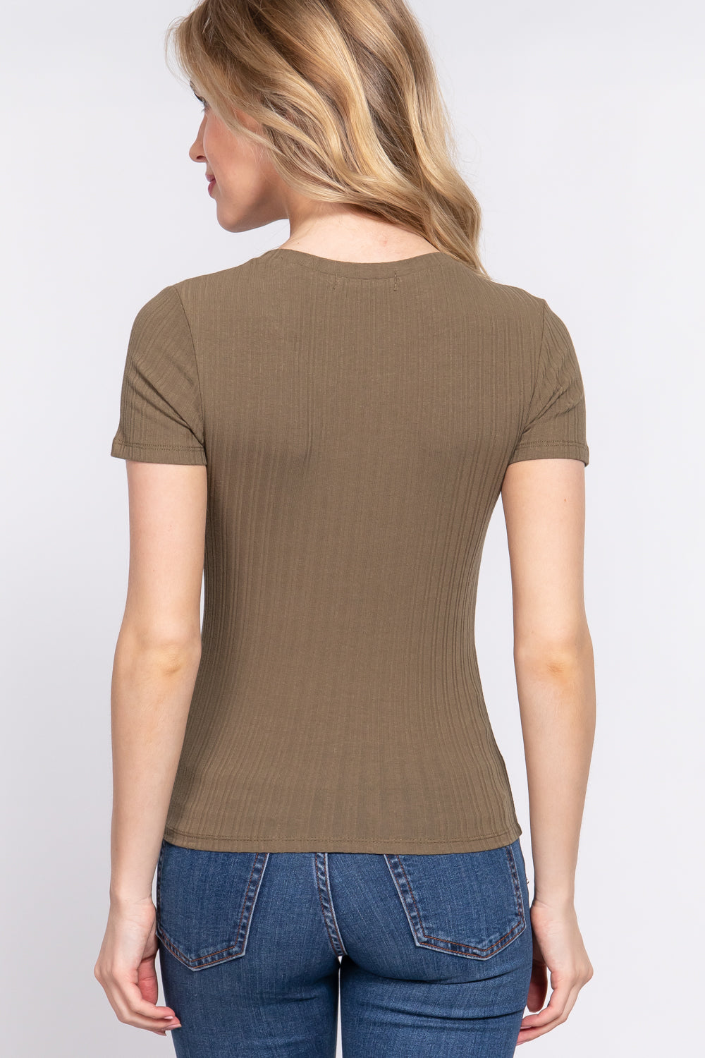 Women's Short Sleeve Crew Neck T-shirt Variegated Rib Knit Top Tee - Olive Green