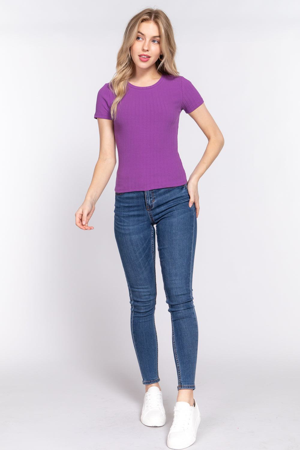 Women's Short Sleeve Crew Neck T-shirt Variegated Rib Knit Top Tee - Purple