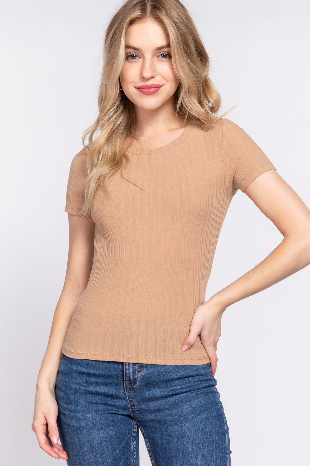 Women's Short Sleeve Crew Neck T-shirt Variegated Rib Knit Top Tee - Sand Khaki