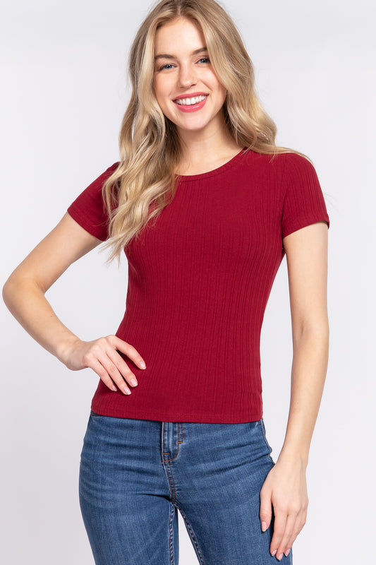 Women's Short Sleeve Crew Neck T-shirt Variegated Rib Knit Top Tee - Wine Red