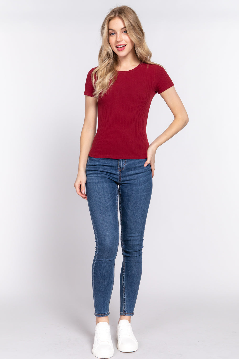 Women's Short Sleeve Crew Neck T-shirt Variegated Rib Knit Top Tee - Wine Red