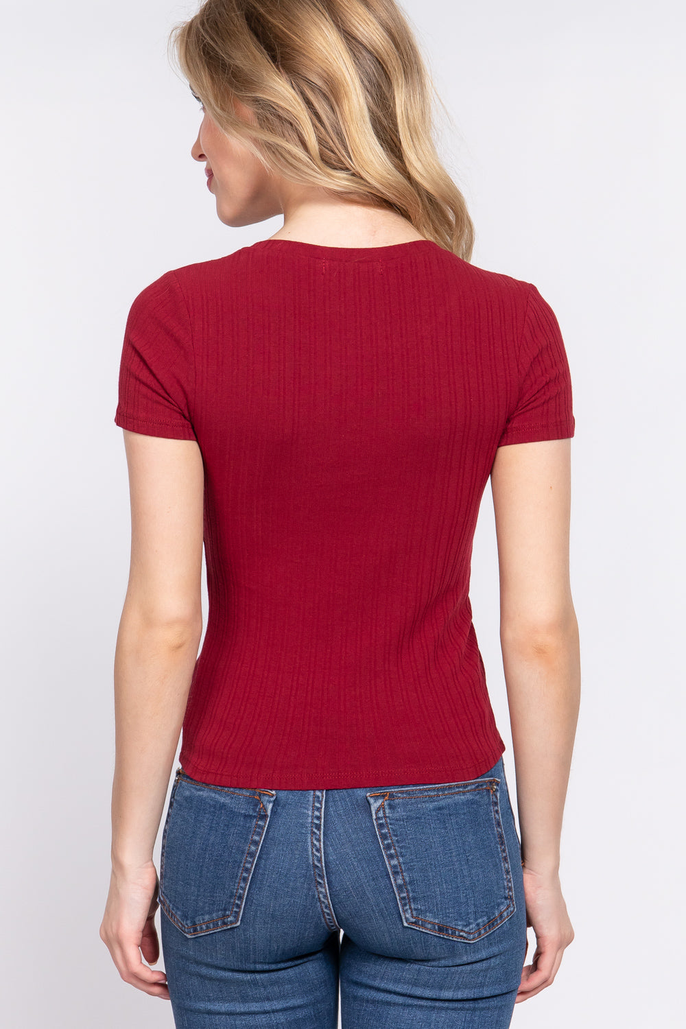 Women's Short Sleeve Crew Neck T-shirt Variegated Rib Knit Top Tee - Wine Red