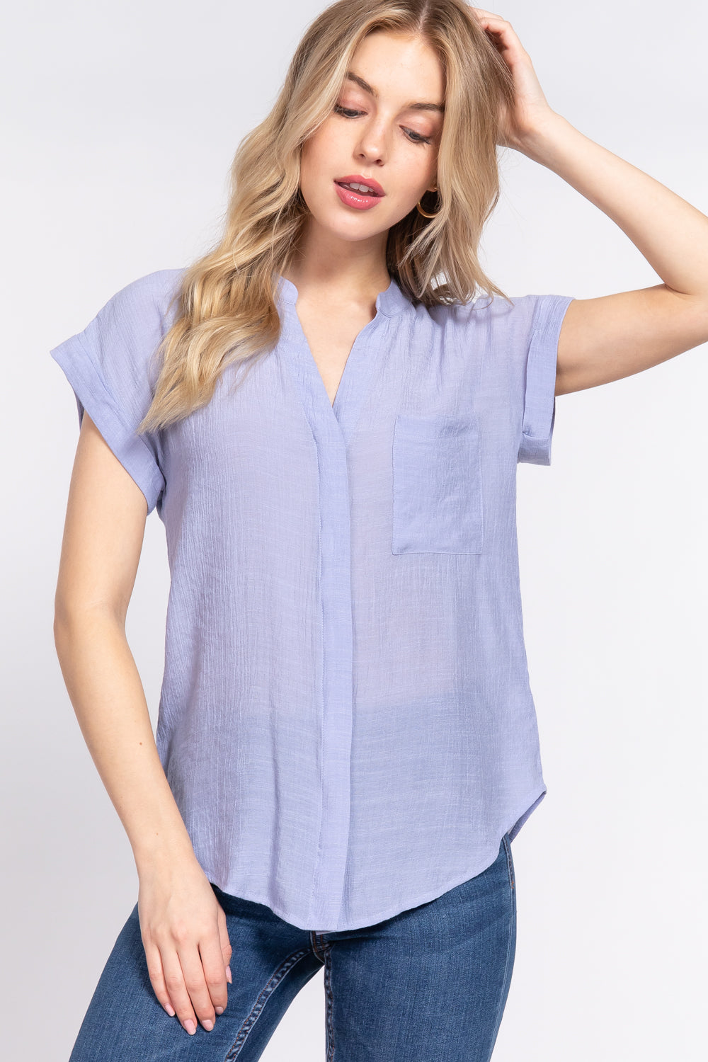 Women Dolman Sleeve Open Neck T-Shirt Front Pocket Button Down Woven Top Blouse