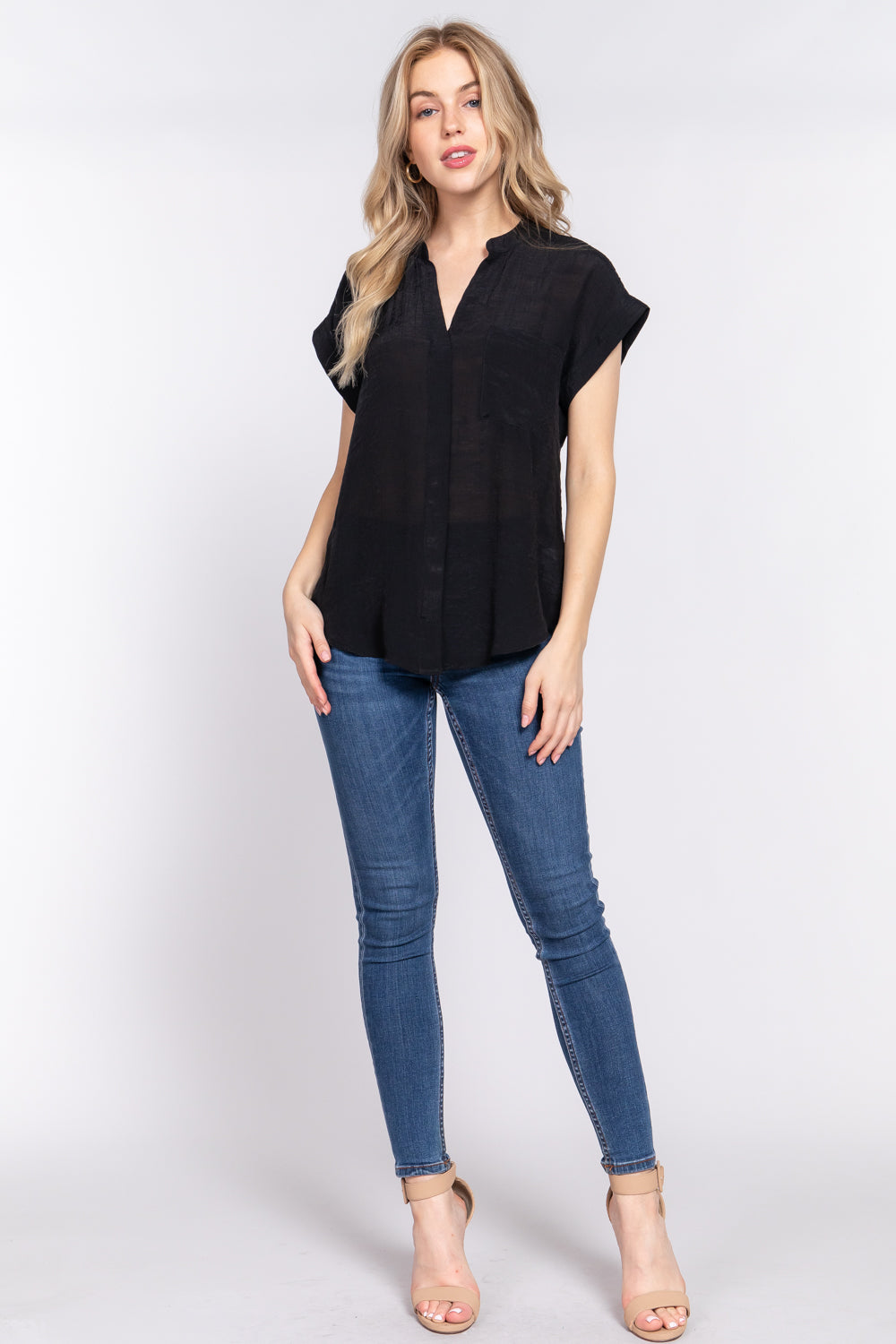 Women Dolman Sleeve Open Neck T-Shirt Front Pocket Button Down Woven Top Blouse