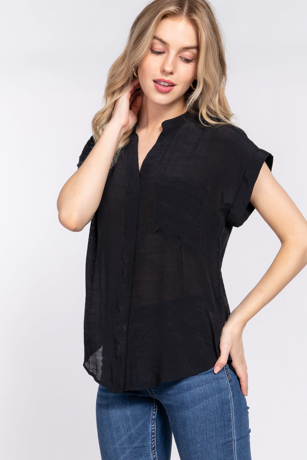 Women Dolman Sleeve Open Neck T-Shirt Front Pocket Button Down Woven Top Blouse