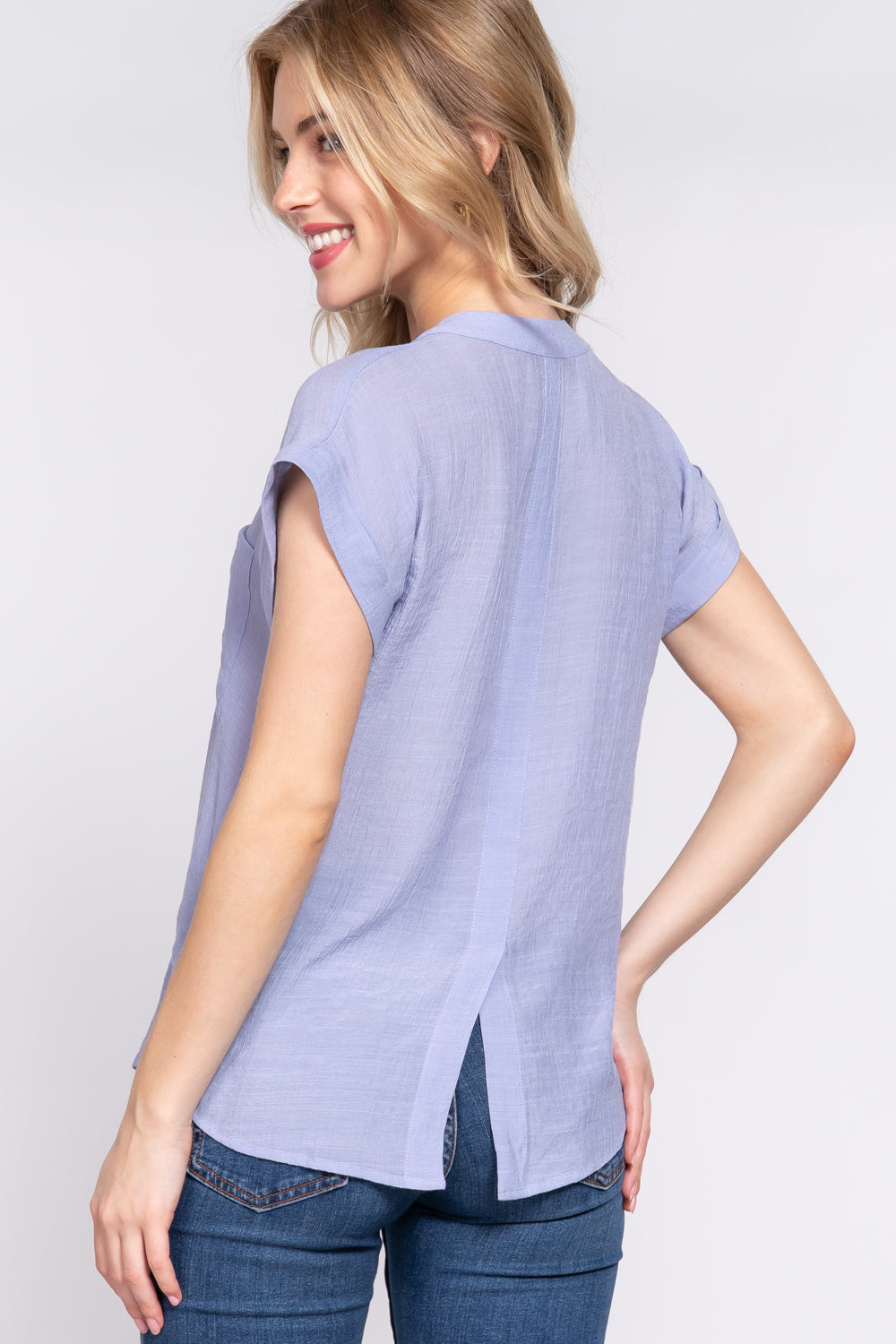 Women Dolman Sleeve Open Neck T-Shirt Front Pocket Button Down Woven Top Blouse