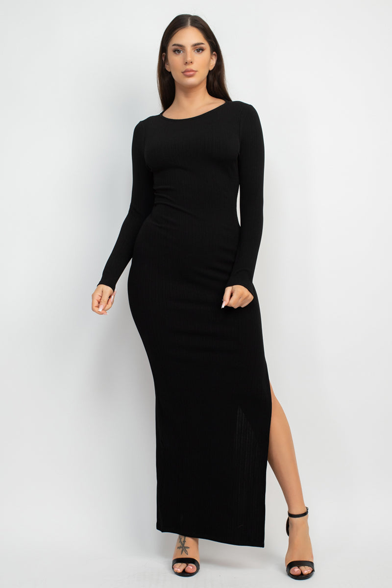 Women's Long Sleeves Round Neck Bodycon Tank Maxi Dress Side Split Silhouette