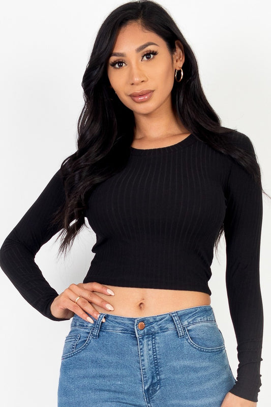 Women's Long Sleeve Round Neck Cropped Top T-Shirt Stretchy Rib Knit - Black