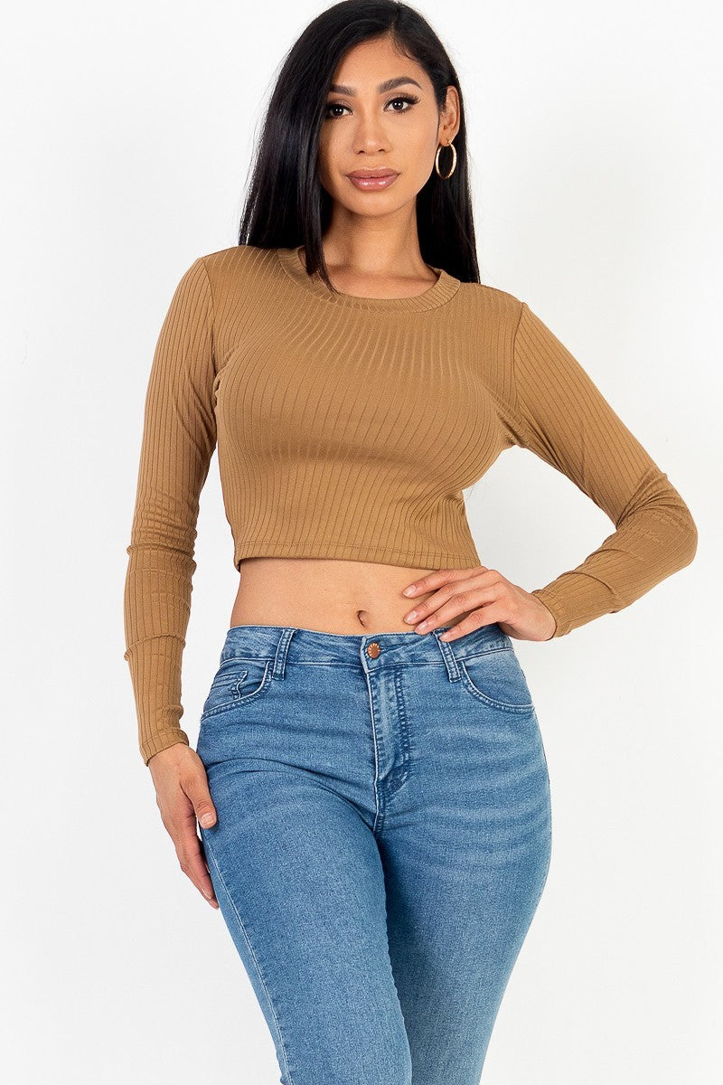 Women's Long Sleeve Round Neck Cropped Top T-Shirt Stretchy Rib Knit - Mocha