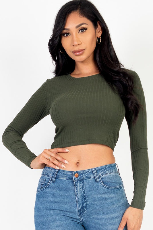 Women Long Sleeve Round Neck Cropped Top T-Shirt Stretchy Rib Knit - Olive Green