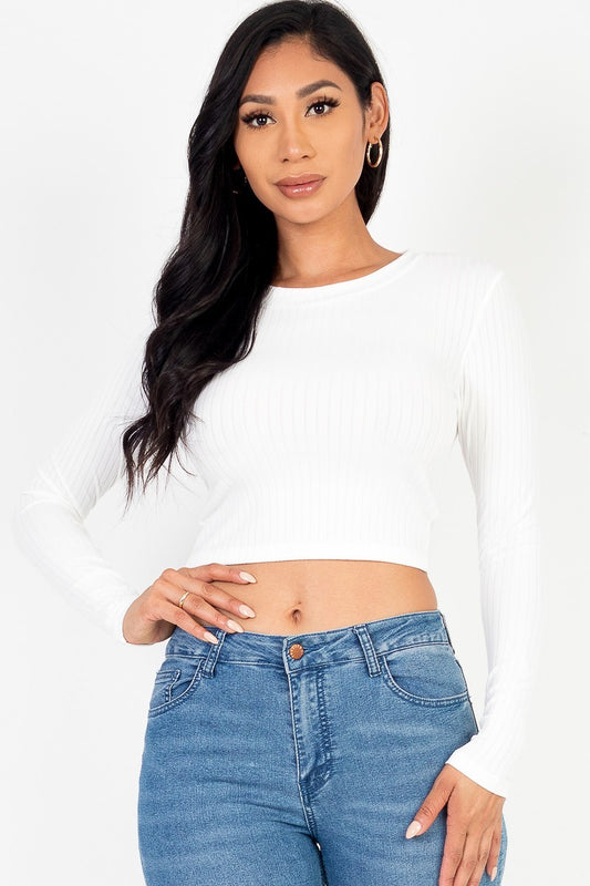 Women's Long Sleeve Round Neck Cropped Top T-Shirt Stretchy Rib Knit - White