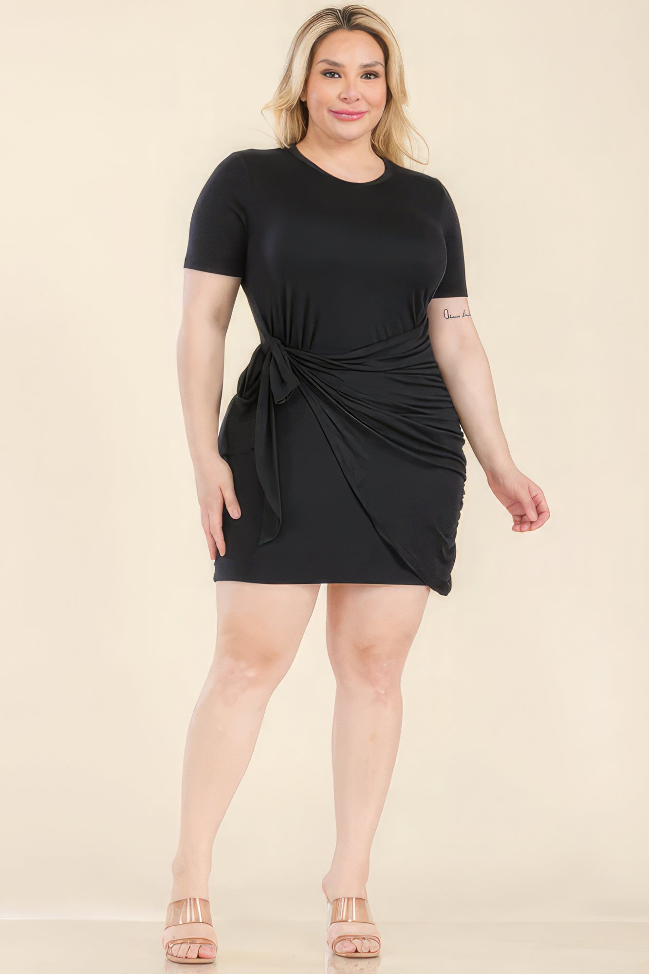 Women Crew Neck Mini Dress Wrap Front Short Sleeve Bodycon T-Shirt (1X,2X,3X)