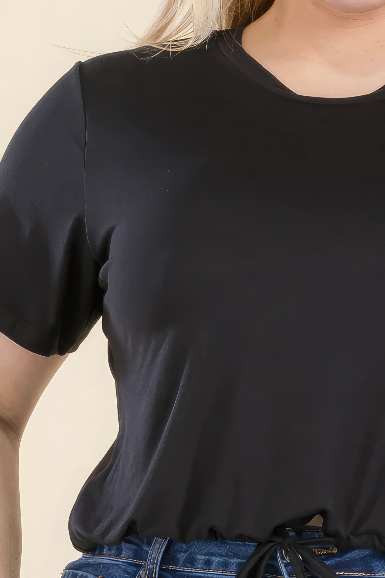 Women Crop Top Tee Tie Front Drawstring Short Sleeve Stretch T-Shirt (1X,2X,3X)