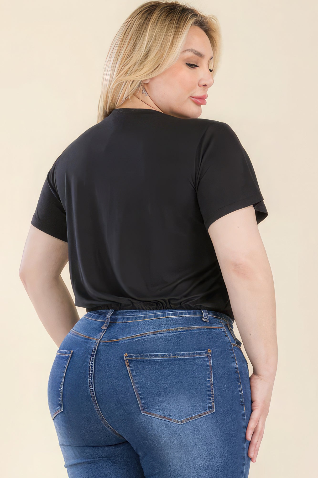 Women Crop Top Tee Tie Front Drawstring Short Sleeve Stretch T-Shirt (1X,2X,3X)