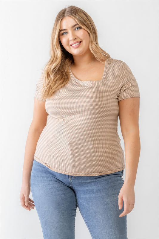Womens Plus Taupe Waffle Knit Angled Neck Short Sleeve Top (1XL.2XL.3XL)
