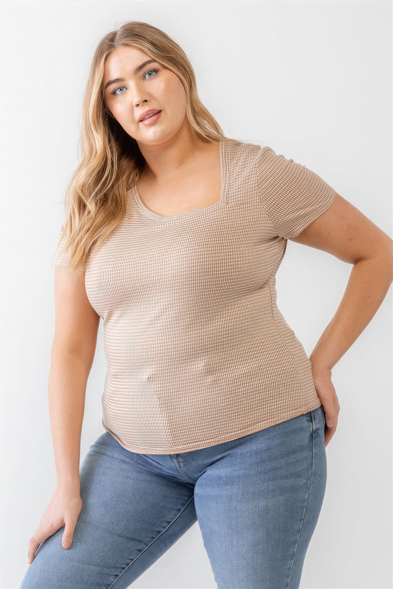 Womens Plus Taupe Waffle Knit Angled Neck Short Sleeve Top (1XL.2XL.3XL)