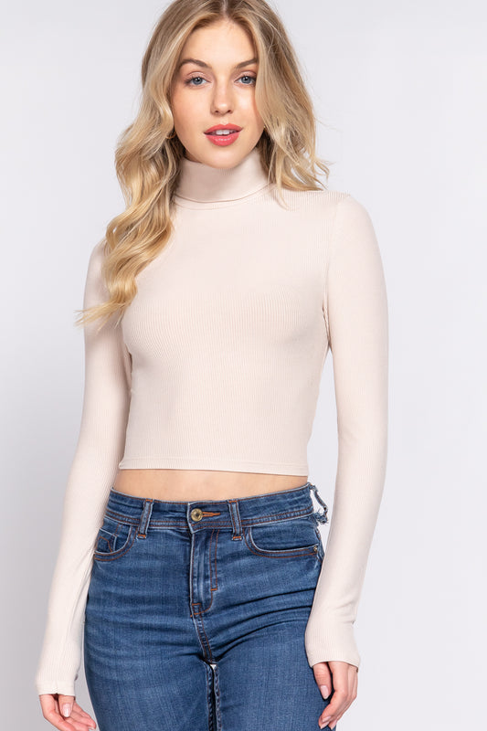 Women's Long Sleeve Turtle Neck Rayon T-Shirt Rib Crop Knit Top - Beige