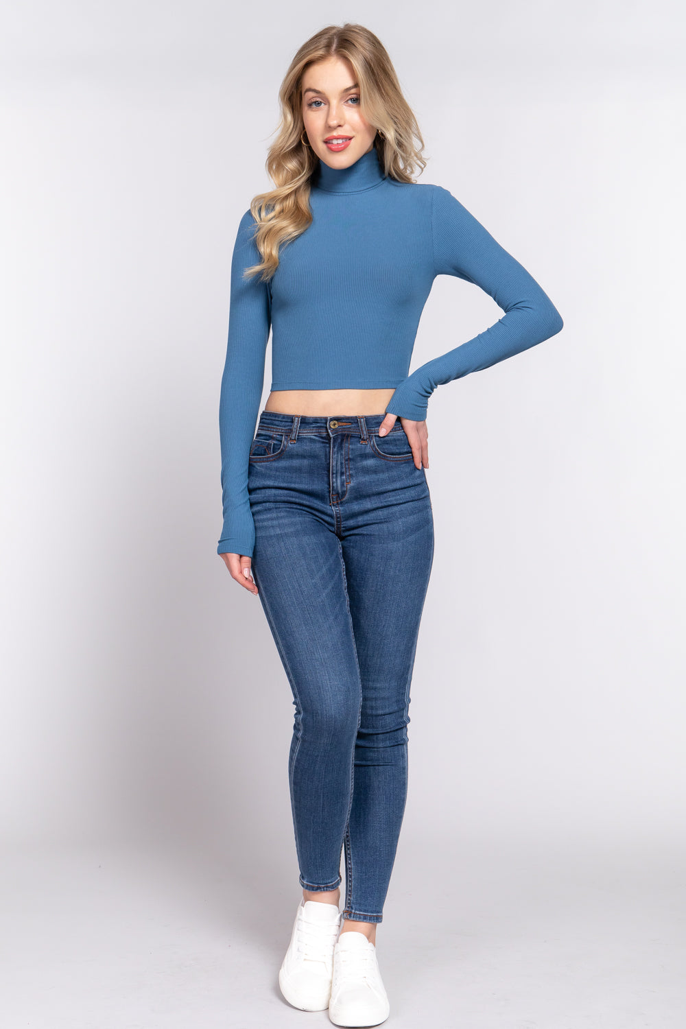 Women's Long Sleeve Turtle Neck Rayon T-Shirt Rib Crop Knit Top - Deep Blue