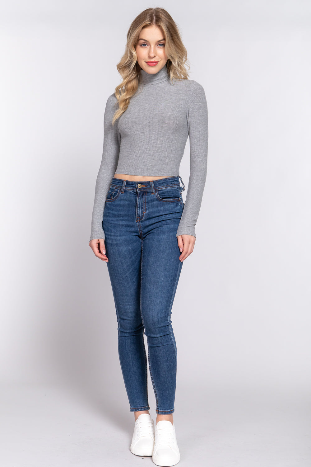 Women's Long Sleeve Turtle Neck Rayon T-Shirt Rib Crop Knit Top - Heather Grey