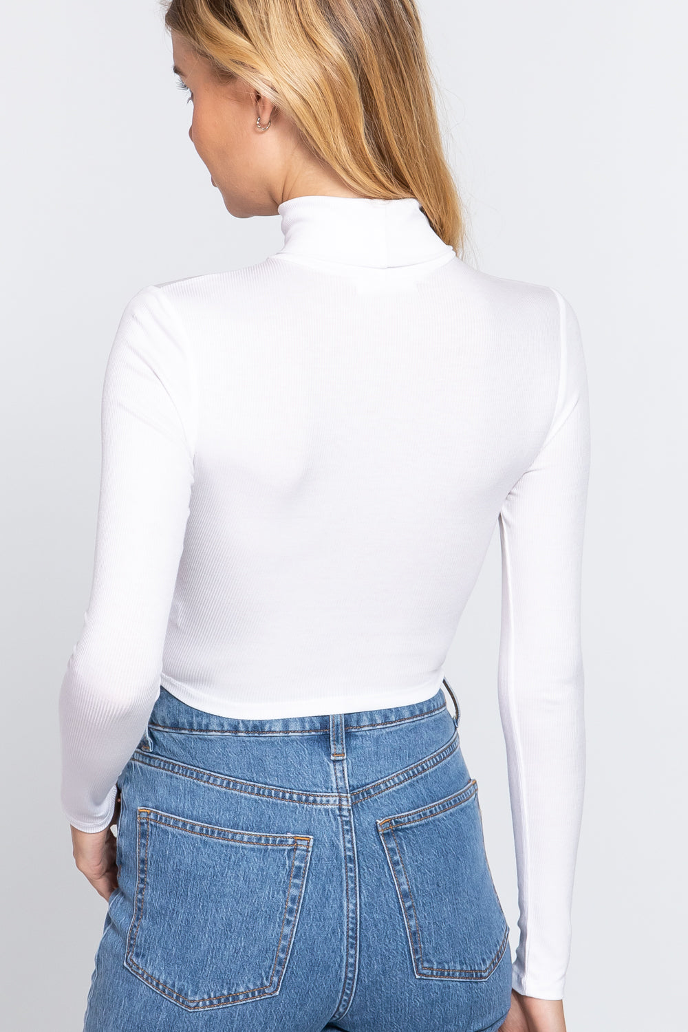 Women's Long Sleeve Turtle Neck Rayon T-Shirt Rib Crop Knit Top - Off White