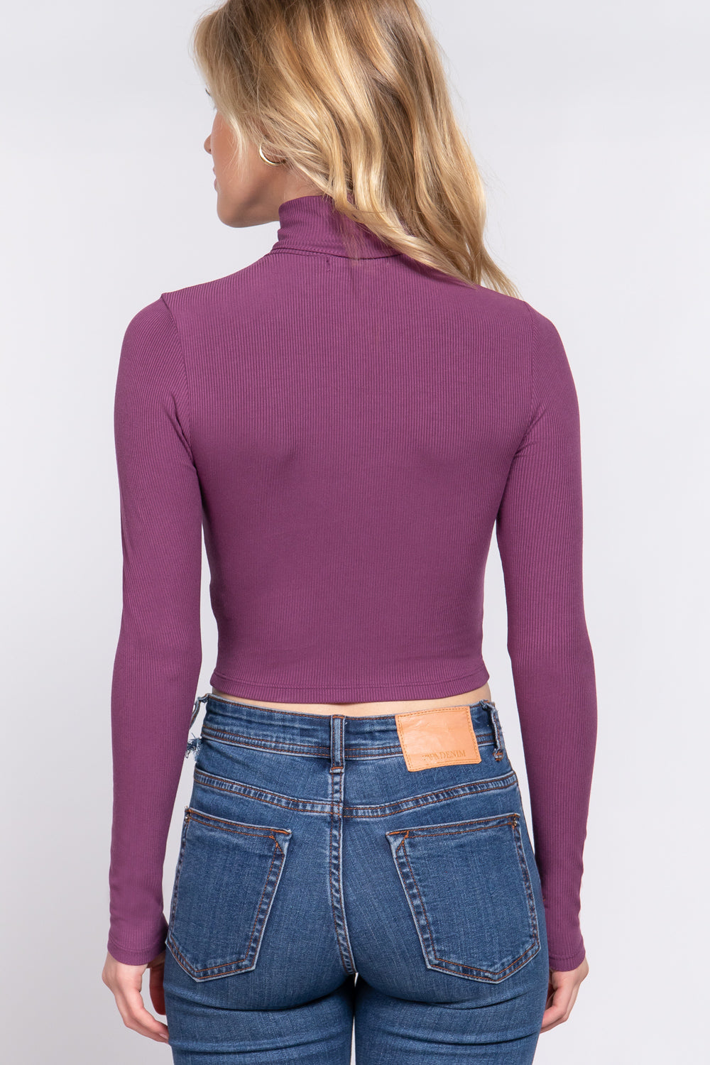 Women's Long Sleeve Turtle Neck Rayon T-Shirt Rib Crop Knit Top - Plum Purple