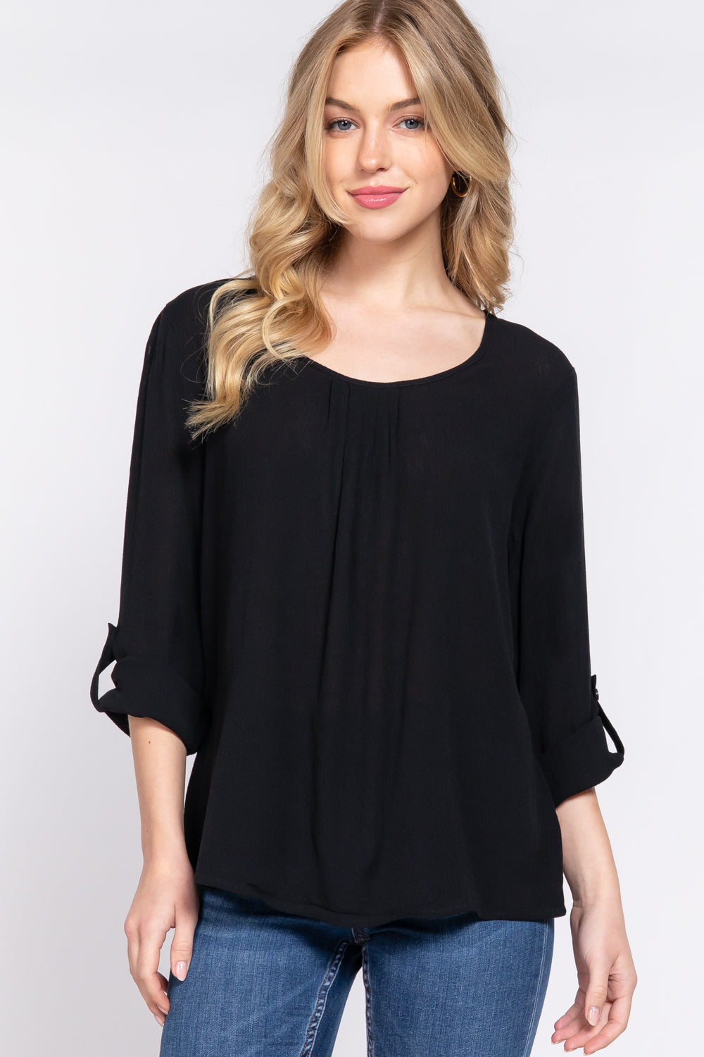 Women's 3/4 Roll Up Sleeve Round Neck Pleated Top Rayon Shirt Blouse - Black