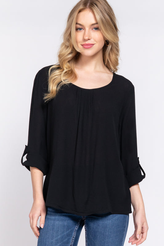 Women's 3/4 Roll Up Sleeve Round Neck Pleated Top Rayon Shirt Blouse - Black